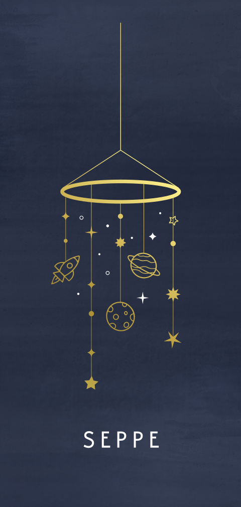 geboortekaartje Seppe met heelal babymobiel in goudfolie