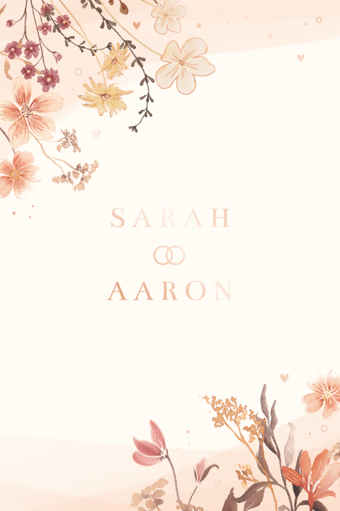 trouwkaart met geillustreerde bloemen en rosegoudfolie