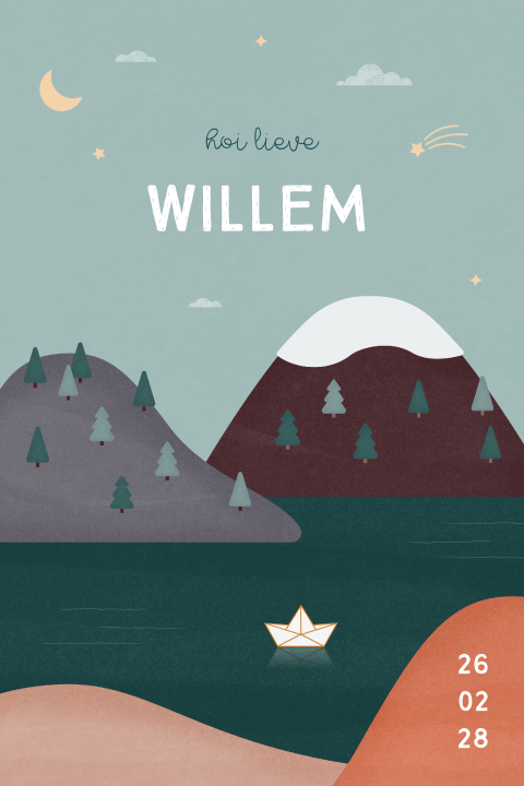 winters geboortekaartje Willem met bergen en bootje