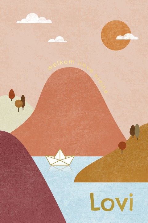 geboortekaartje Lovi met bootje, bergen en goudfolie