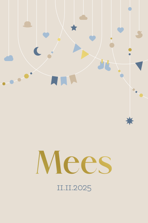 geboortekaartje Mees met slingers en foliedruk