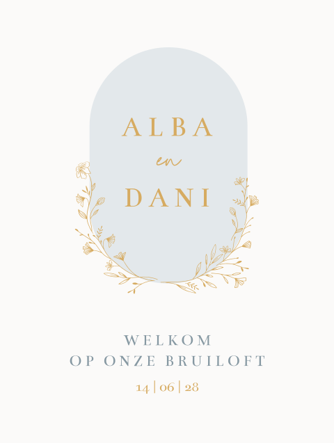 welkomsbord bruiloft met ovaal en halve bloemenkrans