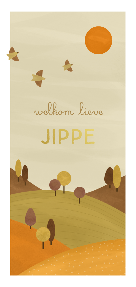 geboortekaartje Jippe met landschap, vogels en goudfolie