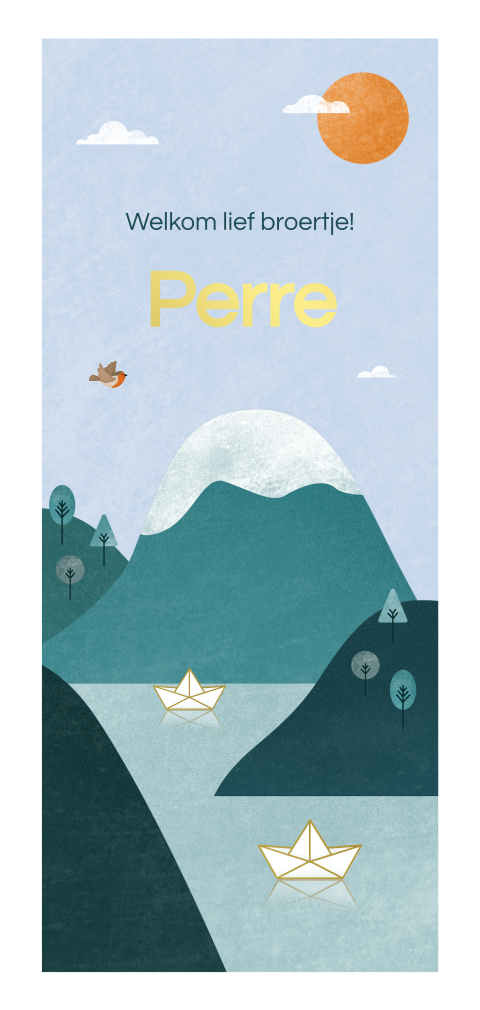 geboortekaartje Perre met bootje en bergen winter dubbel