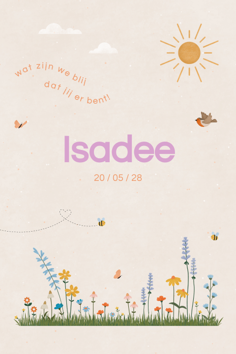vrolijk geboortekaartje Isadee met kleurrijke bloemen