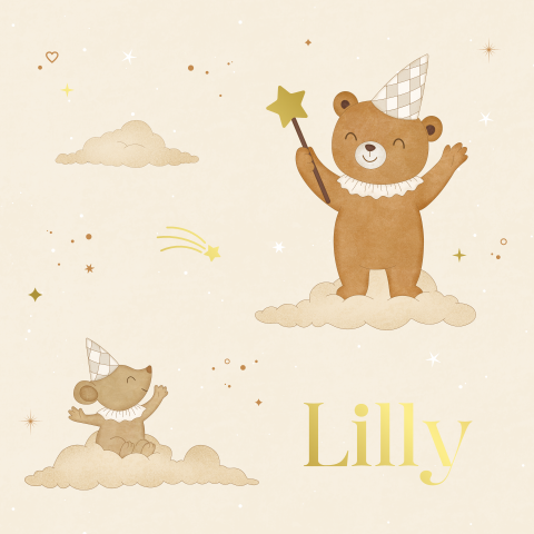 dromerig geboortekaartje Lilly met beer en muis op wolken