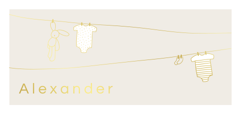 geboortekaartje Alexander met waslijn en babykeertjes in goudfolie