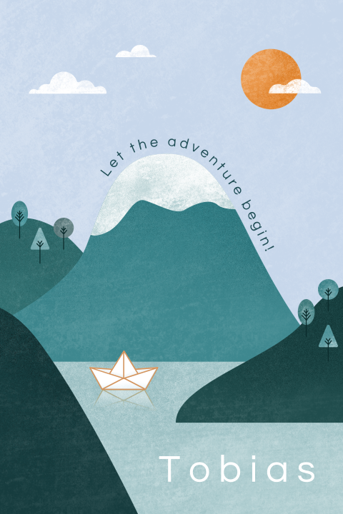geboortekaartje Tobias bootje en bergen winter dubbel