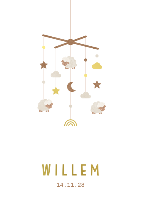 geboortekaartje Willem met schapen babymobiel