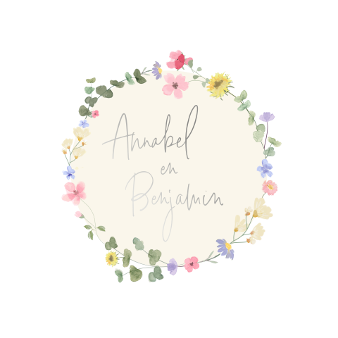 trouwkaart met kleurrijke bloemenkrans en zilverfolie