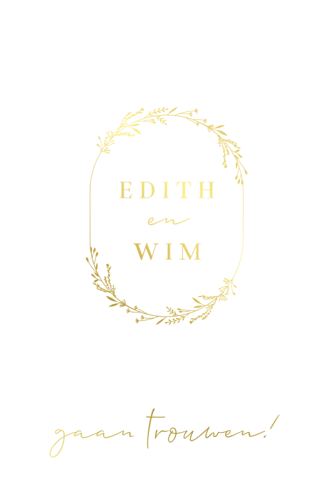 trouwkaart met bloemenkrans ovaal in goudfolie