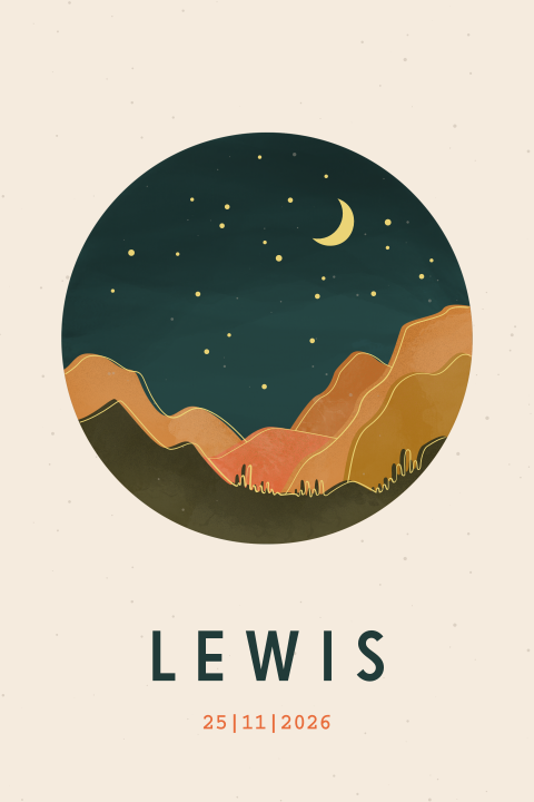 geboortekaartje jongen met landschap en sterrenhemel