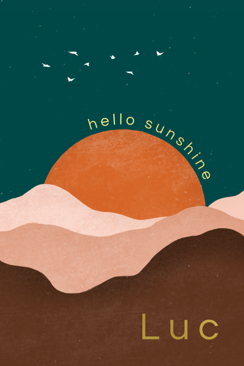 geboortekaartje Luc met landschap en hello sunshine in goudfolie