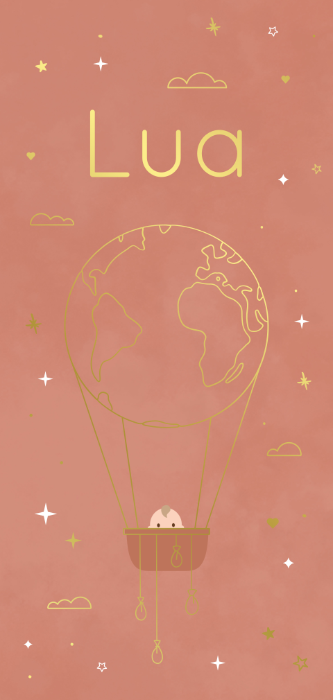 geboortekaartje Lua met wereldbol luchtballon in goudfolie