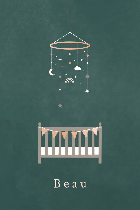 geboortekaartje Beau met babymobiel en ledikant