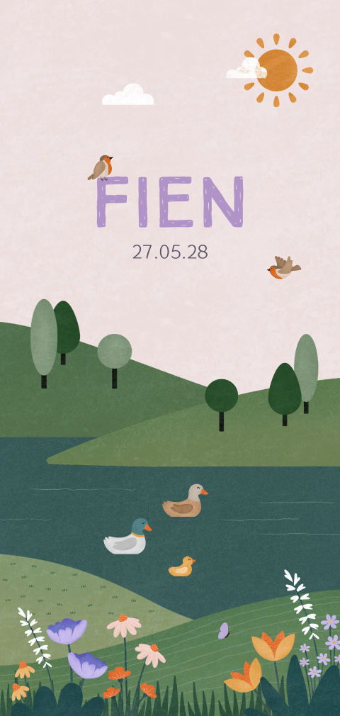 geboortekaartje Fien met eenden familie in de natuur