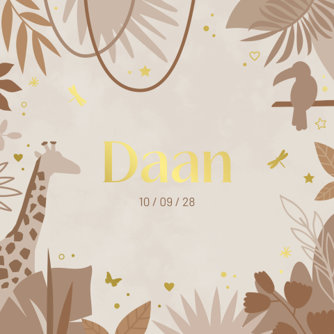 geboortekaartje Daan jungle in beigen en bruin tinten met goudfolie