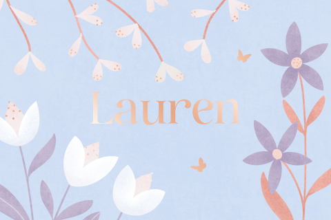 geboortekaartje meisje lauren met bloemen en rosegoud