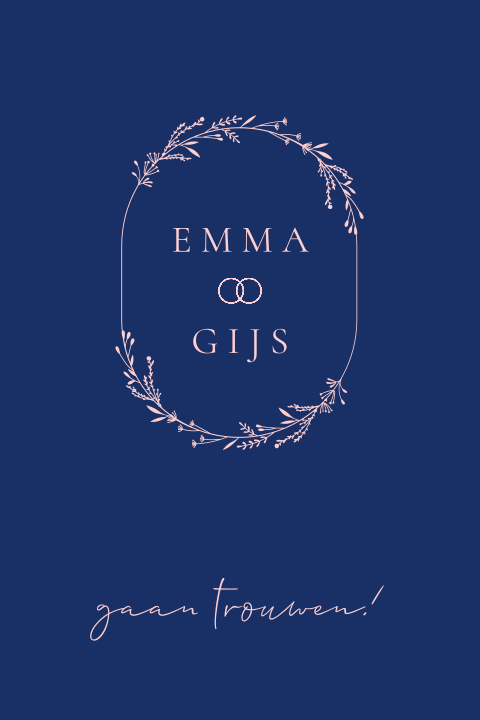 blauwe trouwkaart met roze bloemenkrans