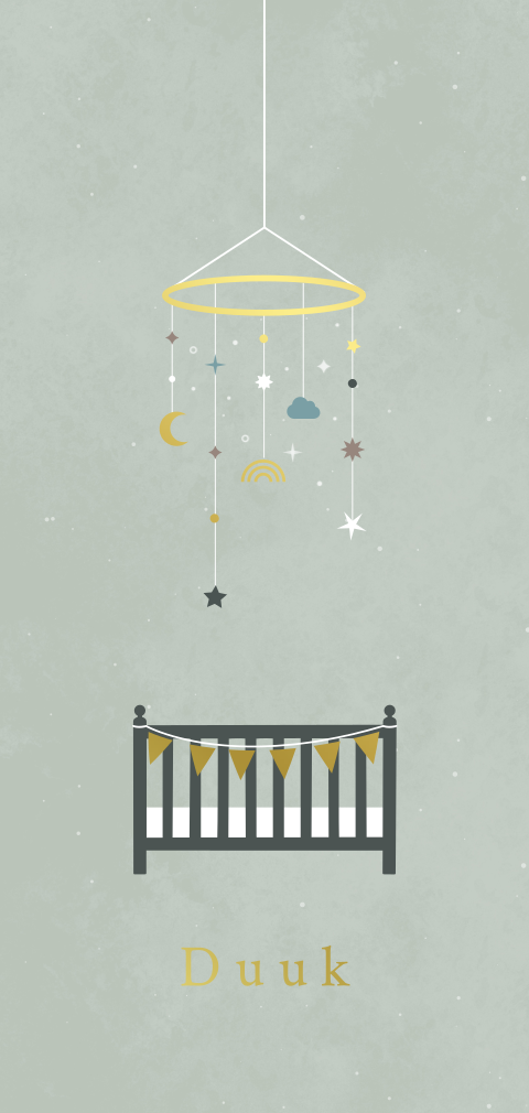 geboortekaartje Duuk met babymobiel en ledikantje