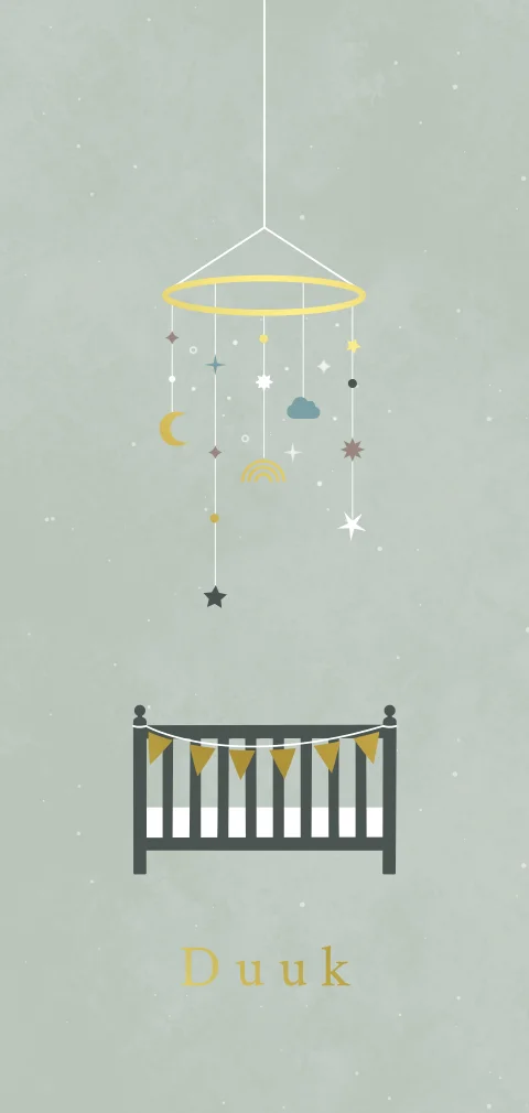 geboortekaartje Duuk met babymobiel en ledikantje