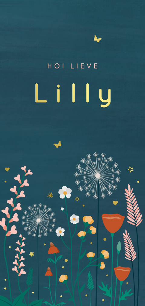 Geboortekaartje meisje veldbloemen donker met goudfolie