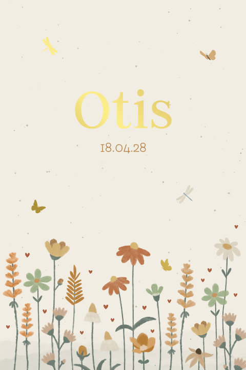 geboortekaartje Otis met veldbloemen en goudfolie
