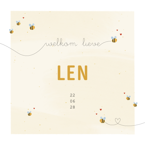 geboortekaartje Len met bijen en hartjes