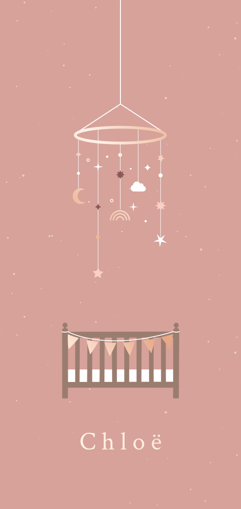 geboortekaartje Chloë met babymobiel en ledikant