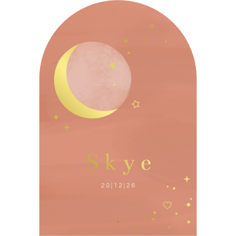 geboortekaartje Skye in boogvorm met sterren in goudfolie