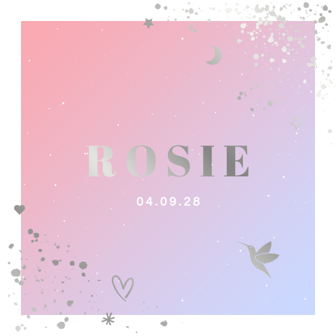 geboortekaartje Rosie met kleurverloop en spetters in zilverfolie