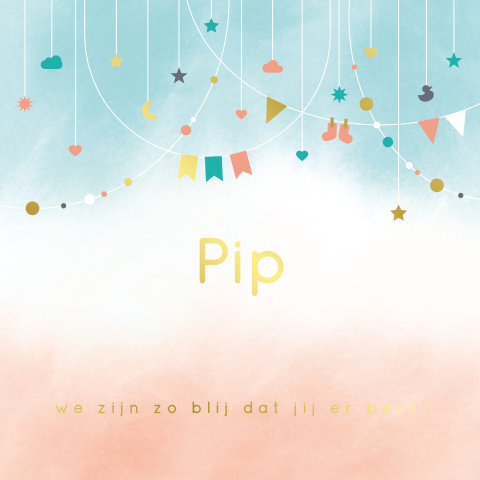 geboortekaartje Pip met slingers en goudfolie