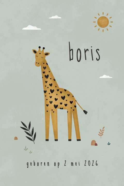 geboortekaartje Boris met hartjes giraffe