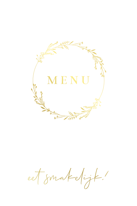 menukaart bruiloft met bloemenkrans in goudfolie