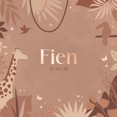geboortekaartje Fien jungle vierkant in in terra tinten