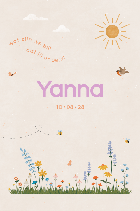 vrolijk geboortekaartje Yanna met kleurrijke bloemen