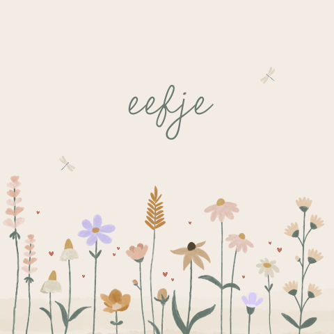 geboortekaartje Eefje met veldbloemen en hartjes