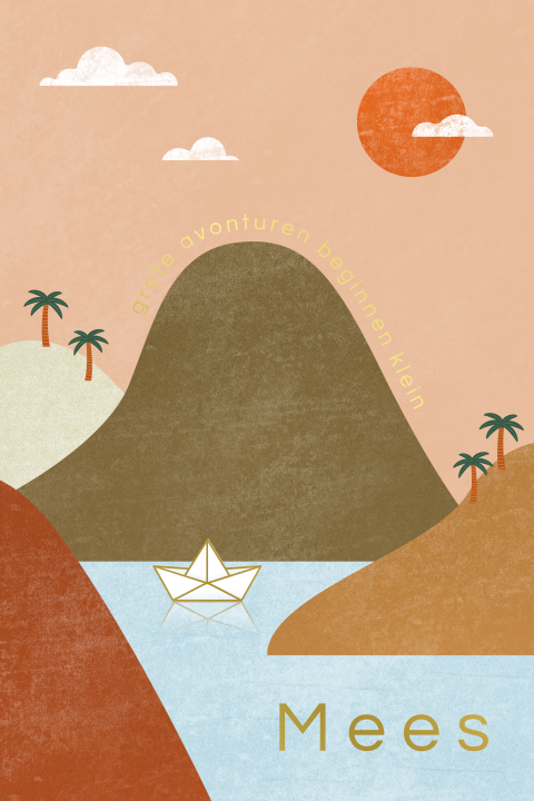 geboortekaartje Mees met bootje en bergen met goudfolie dubbel