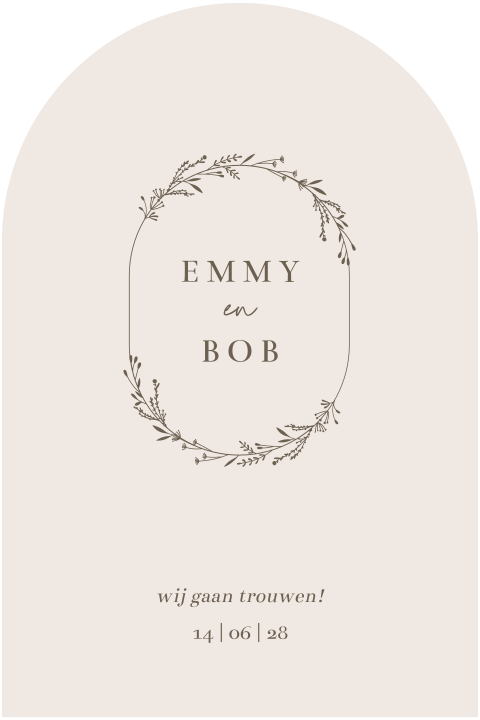 trouwkaart in boogvorm met bloemenkrans