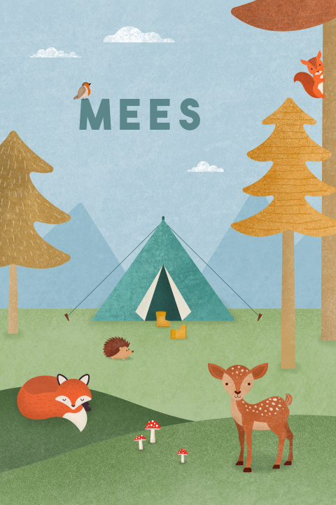 geboortekaartje Mees kamperen met tent en bosdieren
