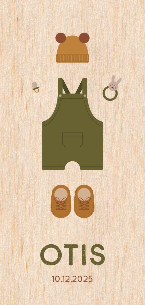 geboortekaartje jongen met winter kleertjes op echt hout