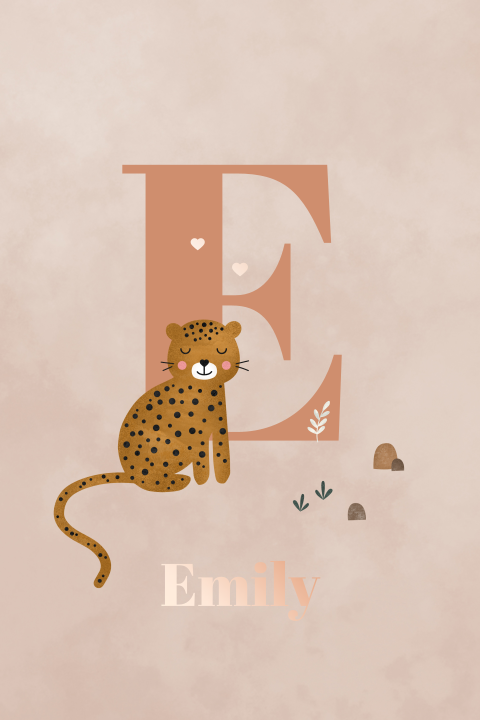 geboortekaartje meisje met luipaard en initiaal roze dubbel