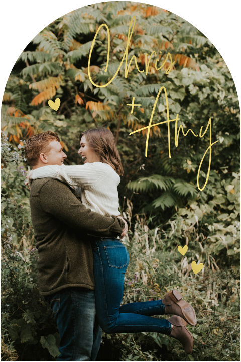 trouwkaart in boogvorm met foto en goudfolie