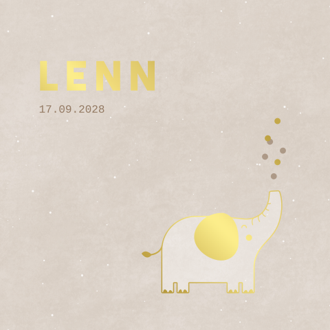 geboortekaartje Lenn met confetti olifant en goudfolie