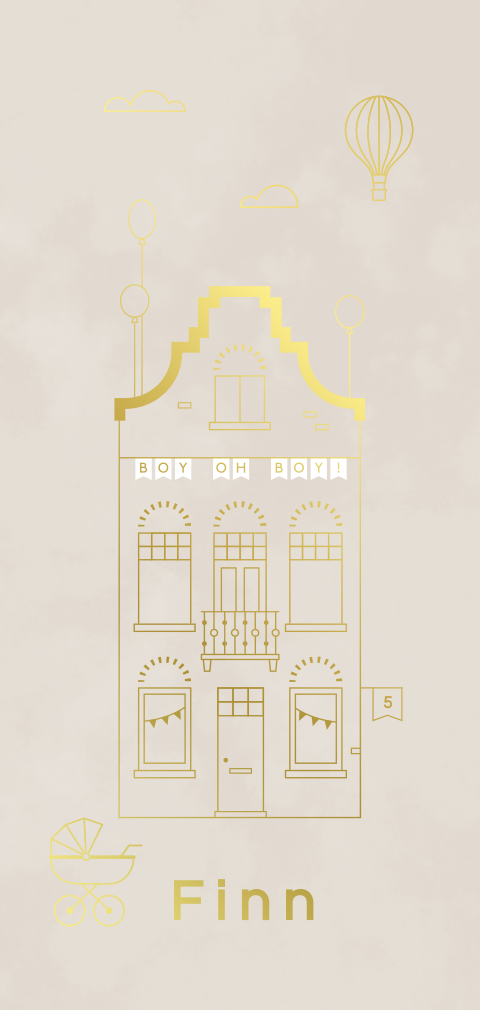 geboortekaartje Finn met huisje in goudfolie
