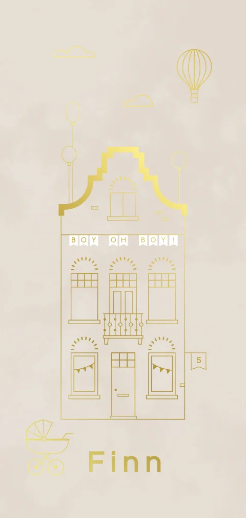 geboortekaartje Finn met huisje in goudfolie