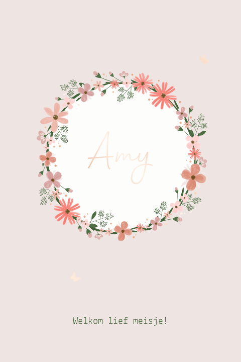 geboortekaartje met roze bloemenkrans en roségoudfolie