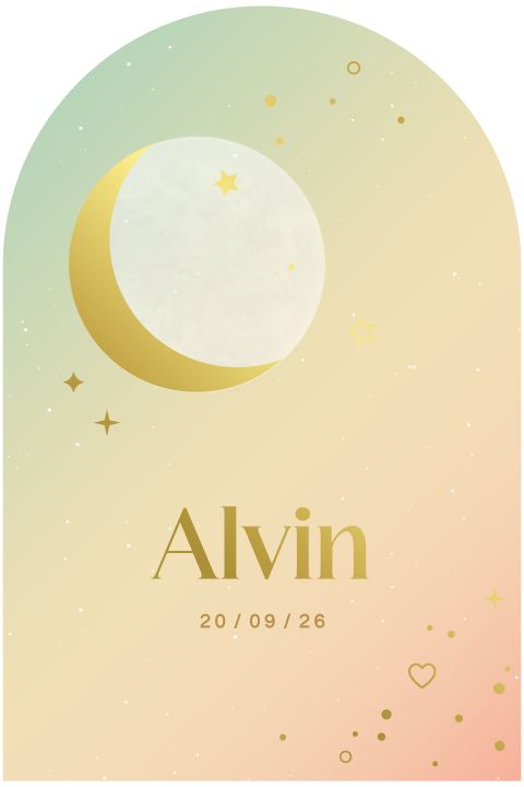 geboortekaartje Alvin in boogvorm met sterren in goudfolie