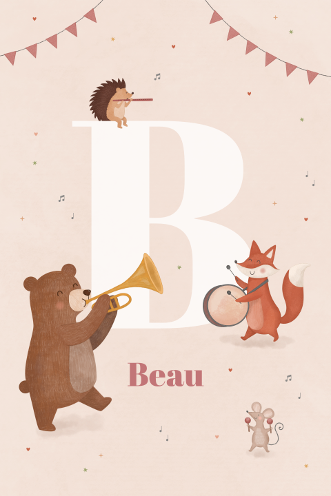 feestelijk geboortekaartje Beau met initiaal en muzikale dieren