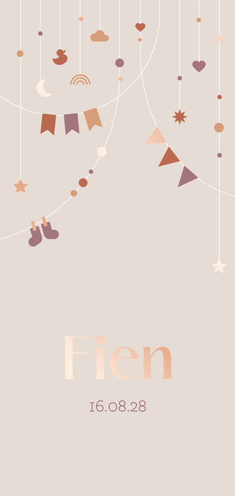 geboortekaartje Fien met slingers en foliedruk